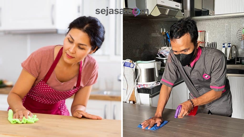 ART harian dan mitra cleaning Sejasa sedang membersihkan permukaan meja makan